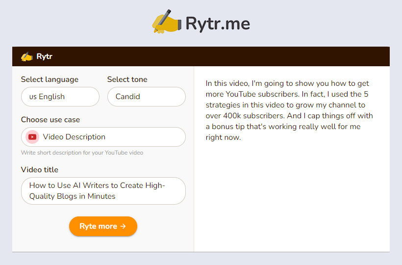 Rytr video description generator